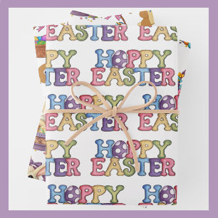 Feuille De Papier Cadeau Pâques lapin lapin oeufs panier 3 enfants