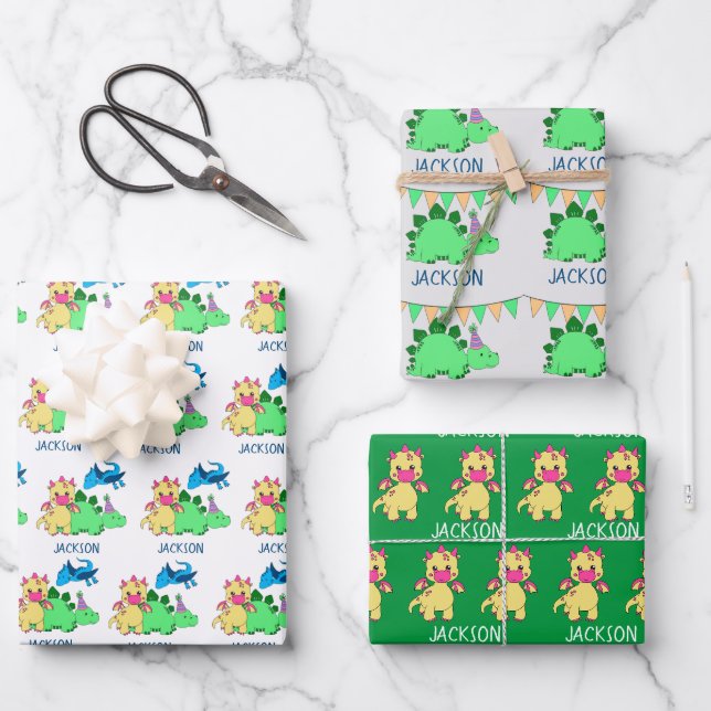 Feuille De Papier Cadeau Parti dinosaure personnalisé (Recto)