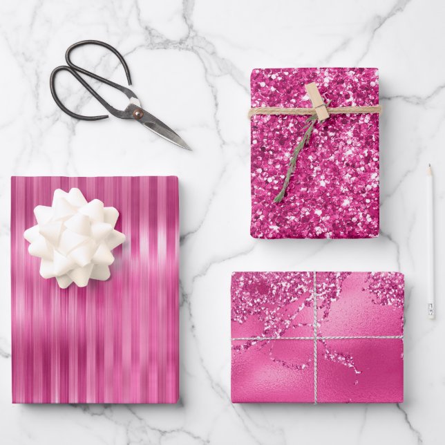 Feuille De Papier Cadeau Parties scintillant à rayures roses chaudes (Recto)