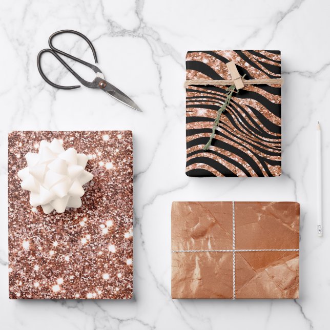 Feuille De Papier Cadeau Parties scintillant Black Rose Gold Zebra (Recto)