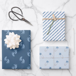 Feuille De Papier Cadeau Parties scintillant bleue Pieds d'empreinte Baby s