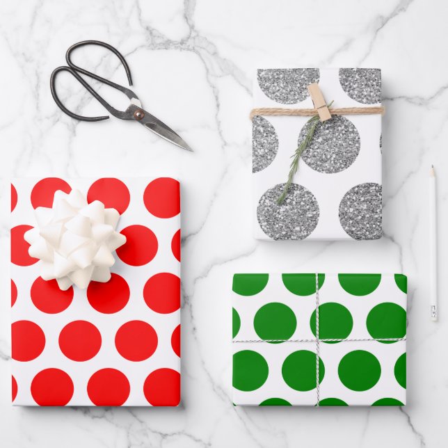 Feuille De Papier Cadeau Parties scintillant d'argent rouge vert Polka Dot  (Recto)