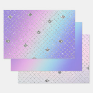 Feuille De Papier Cadeau Parties scintillant de sirène d'argent d'Aqua ros