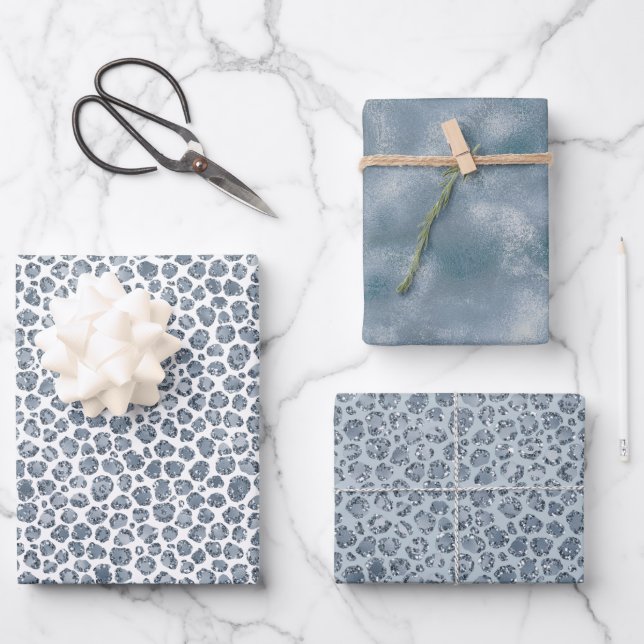 Feuille De Papier Cadeau Parties scintillant Empreinte de léopard Denim Blu (Recto)