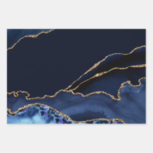 Feuille De Papier Cadeau Parties scintillant en marbre Bleu et Faux Or