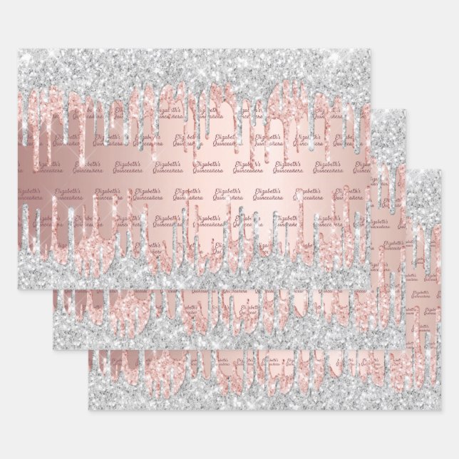 Feuille De Papier Cadeau Parties scintillant en or rose Quinceanera gouttes (Lot)