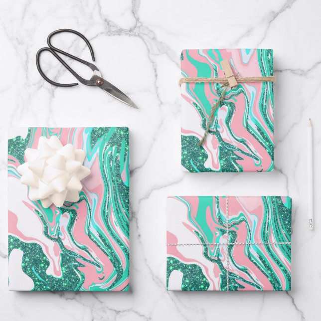 Feuille De Papier Cadeau Parties scintillant moderne blanche rose Turquoise (Recto)