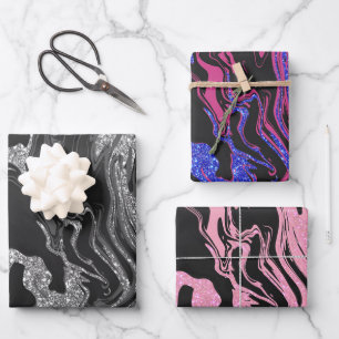 Feuille De Papier Cadeau Parties scintillant moderne en gris noir