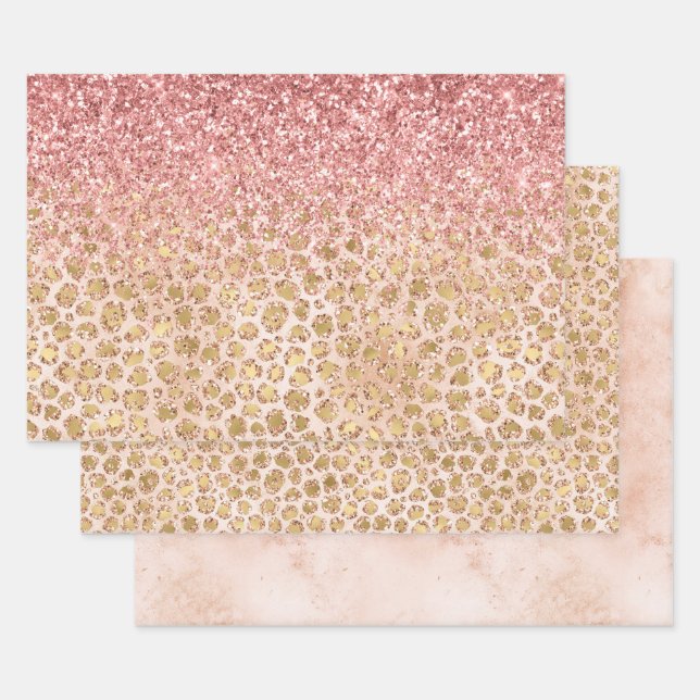 Feuille De Papier Cadeau Parties scintillant rose Empreinte de léopard d'or (Lot)