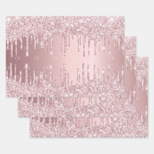 Feuille De Papier Cadeau Parties scintillant rose gouttes brillant monogram