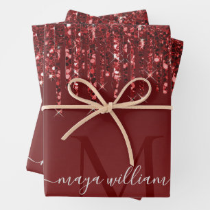 Feuille De Papier Cadeau Parties scintillant Rouge Lecteurs Monogramme Pers