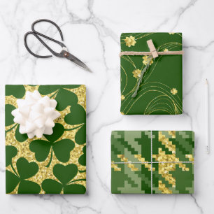 FEUILLE DE PAPIER CADEAU PARTIES SCINTILLANT VERTE & OR REGARDEZ SHAMROCK I