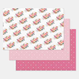 Feuille De Papier Cadeau Parure de drap plat à fleurs et pois rose pêche (l