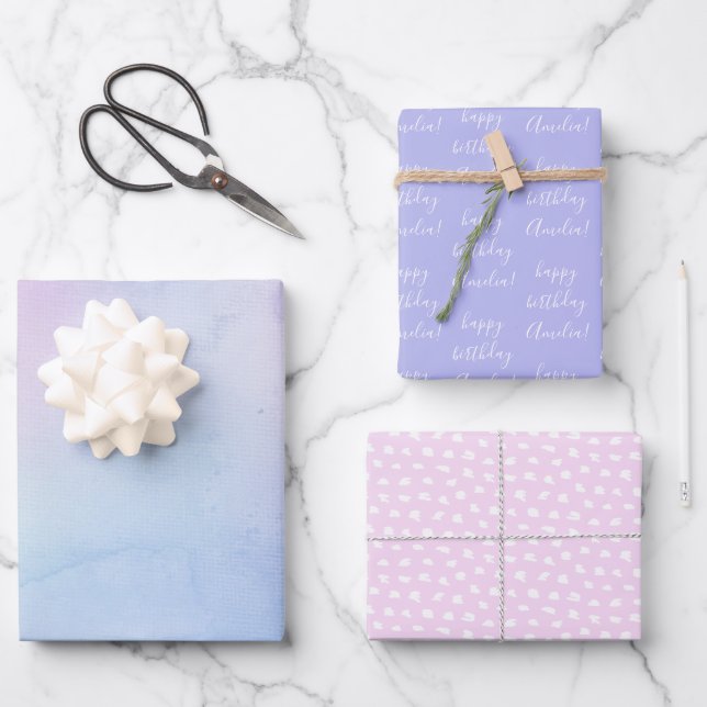 Feuille De Papier Cadeau Pastel Aquarelle Anniversaire Nom Pink Purple (Recto)