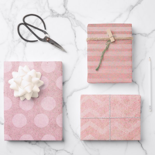 Feuille De Papier Cadeau Pastel Aquarelle Rose Doré Polka Rayures (Recto)