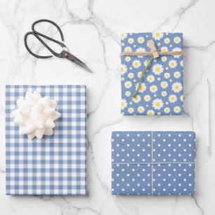 Feuille De Papier Cadeau Pastel Blue En vichy Daisy Flower Polka Dot Motif