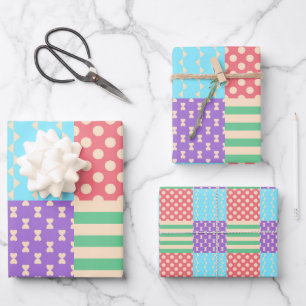 Feuille De Papier Cadeau Pastel Damier Rayure Nœud Papillon Géométrique