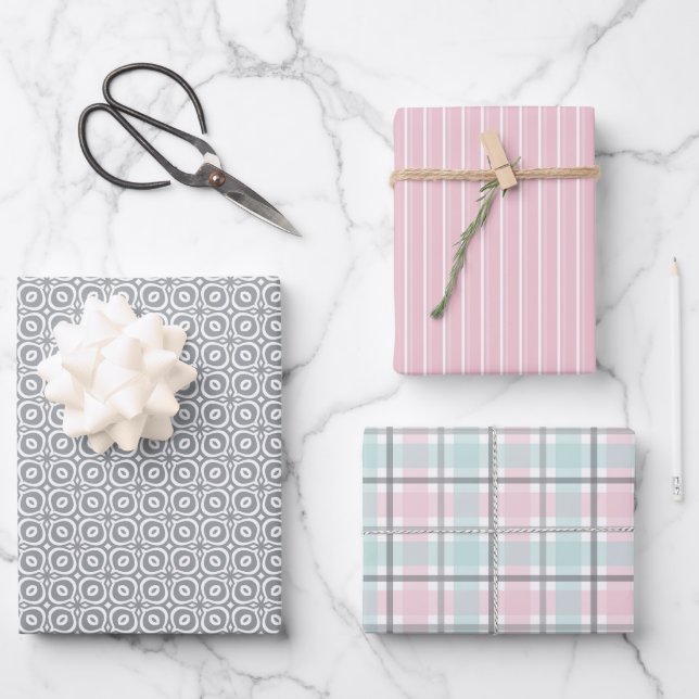 Feuille De Papier Cadeau Pastel Pattern of Gray, Mint, Pink Plaid & Stripes (Recto)