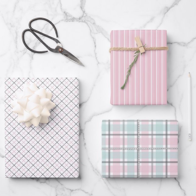 Feuille De Papier Cadeau Pastel Pattern of Pink, Mint, Gray Plaid & Stripes (Recto)