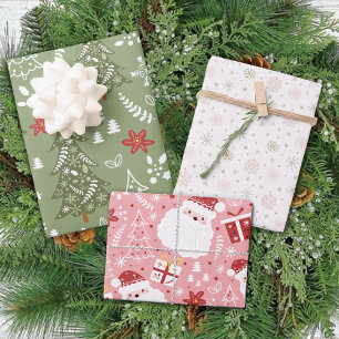 Feuille De Papier Cadeau Pastel Pink Green Tree Père Noël Flèches de neige 