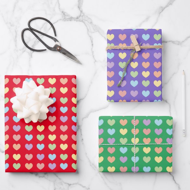 Feuille De Papier Cadeau Pastel Rainbow Hearts Enfants Motifs (Recto)