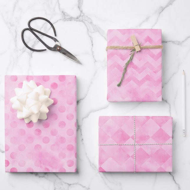 Feuille De Papier Cadeau Pastel Rose Aquarelle Points Chevron Diamant (Recto)