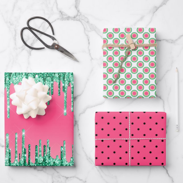 Feuille De Papier Cadeau Pastèque colorée Pink Green Black (Recto)