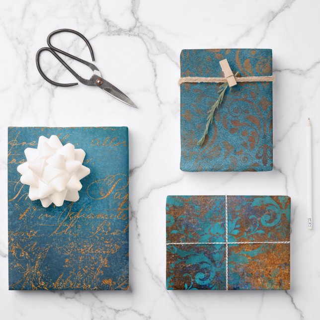 Feuille De Papier Cadeau Patina de cuivre de Grunge et Turquoise (Recto)