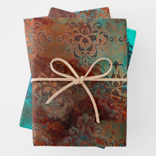 Feuille De Papier Cadeau Patina de cuivre dépoli Damas