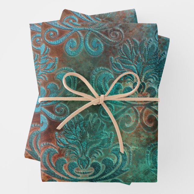 Feuille De Papier Cadeau Patina de cuivre dépoli Damas (En situation)