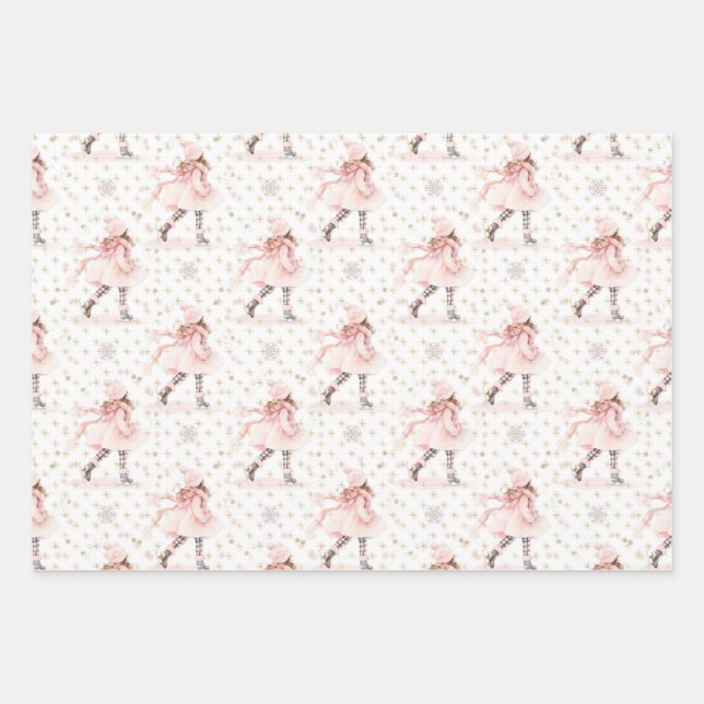 Feuille De Papier Cadeau Patineuse de Noël rose (Devant)