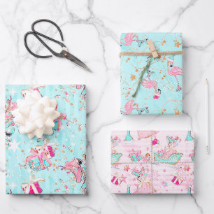 Feuille De Papier Cadeau Patins à glace rose et aqua Flamants roses et cade