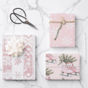 Feuille De Papier Cadeau Patins à neige rose Patins à glace Noël