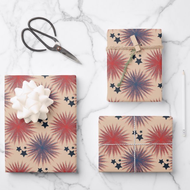 Feuille De Papier Cadeau Patriotique Stars Feu d'artifice Blanc bleu crème (Recto)