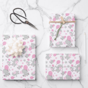 Feuille De Papier Cadeau Pattern of Elephants, Cute Elephants - Pink Gray