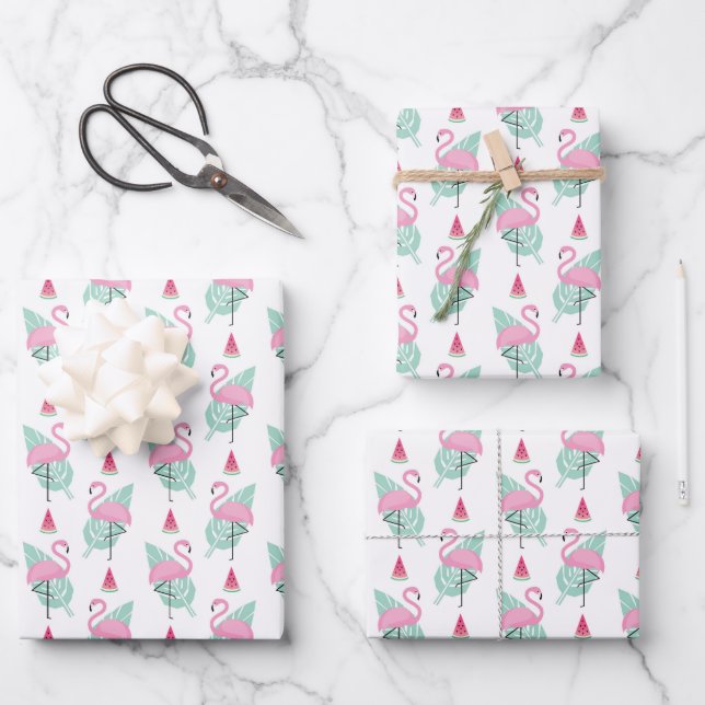 Feuille De Papier Cadeau Patters Flamingo et Watermelon Pastel (Recto)
