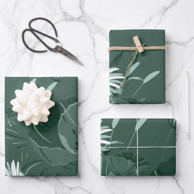Feuille De Papier Cadeau Pavot vert foncé et marguerite (Recto)