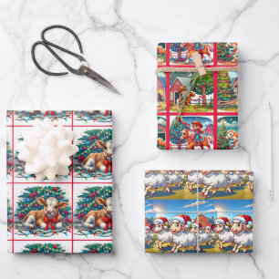 Feuille De Papier Cadeau Pays Noël Enfants Chevaux Veau et moutons