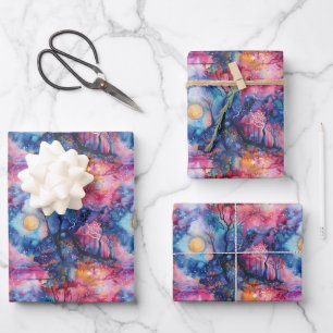 Feuille De Papier Cadeau Paysage de contes bleus et roses