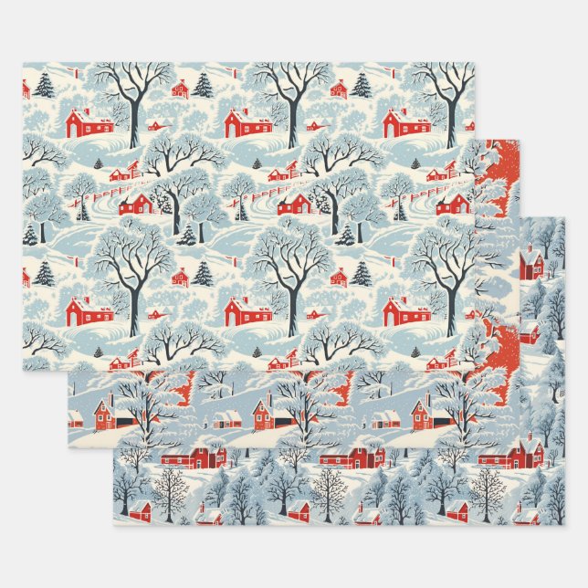 Feuille De Papier Cadeau Paysage Vintage enneigé (Lot)