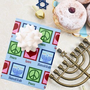 Feuille De Papier Cadeau Peace Love Hanoukka Motif Light Blue Chanukah