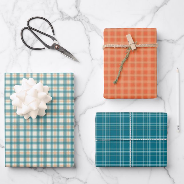 Feuille De Papier Cadeau Peach and Teal Plaid (Recto)