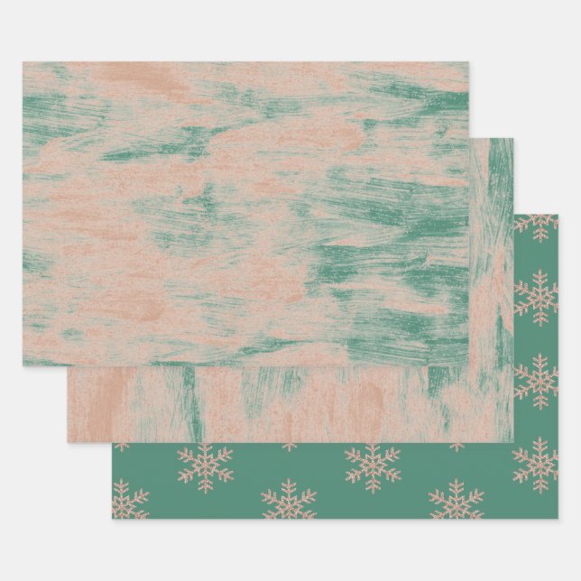Feuille De Papier Cadeau Peach Green Abstrait Snowflakes Noël (Lot)
