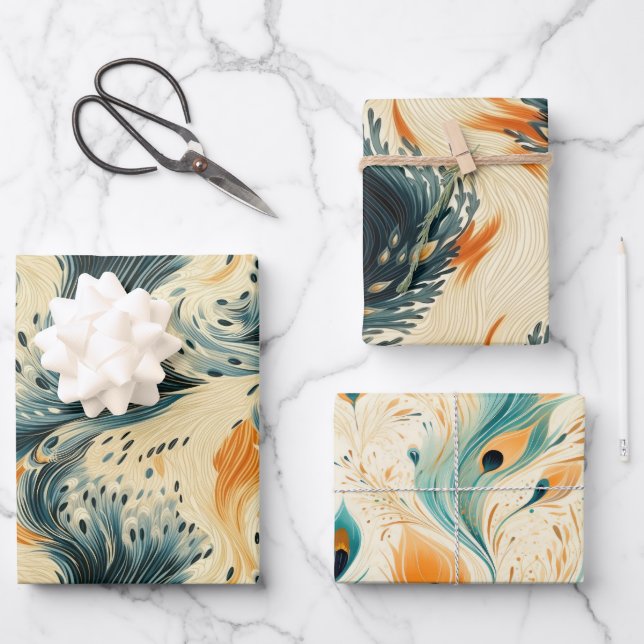 Feuille De Papier Cadeau Peacock à crème bleue orange Abstraite (Recto)