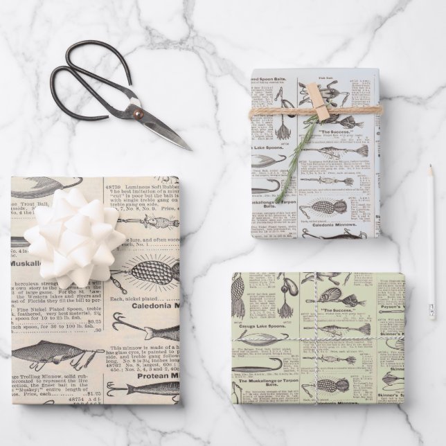 Feuille De Papier Cadeau Pêche vintage leures : pêcheur d'antiquité des ann (Recto)
