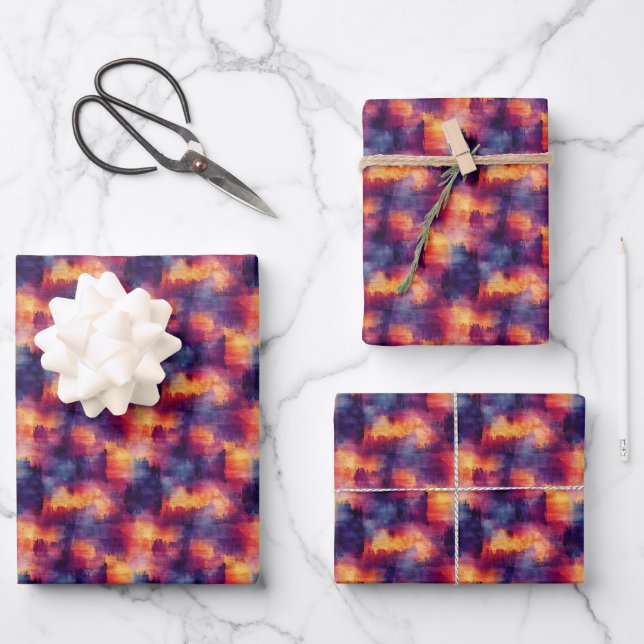 Feuille De Papier Cadeau Peinture Abstraite Bleue/Violette/Jaune (Recto)
