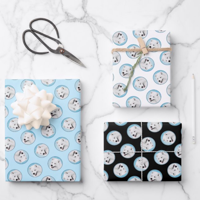 Feuille De Papier Cadeau Peinture Samoyed Blanc mignonne Original Animal Ch (Recto)