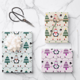 Feuille De Papier Cadeau Penguins Fêtes Lumières Noël Arbres Noël