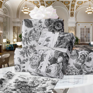 Feuille De Papier Cadeau Peonies florales noires et blanches Dahlias Asters