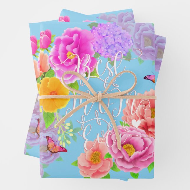 Feuille De Papier Cadeau Peonies romantiques Jardin Bleu Meilleure maman (En situation)